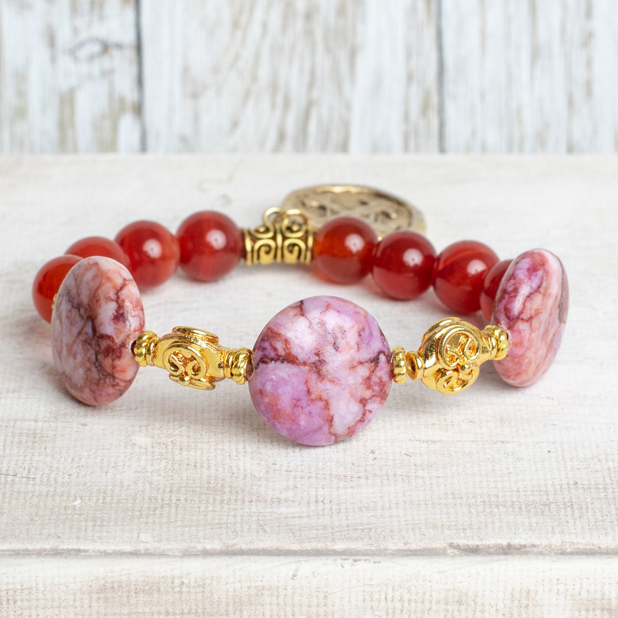 Pink Orange Jasper Focal Stones and Carnelian Stone and Stretch Bracelet with a Serenity Prayer Charm