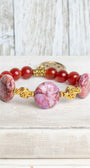 Pink Orange Jasper Focal Stones and Carnelian Stone and Stretch Bracelet with a Serenity Prayer Charm