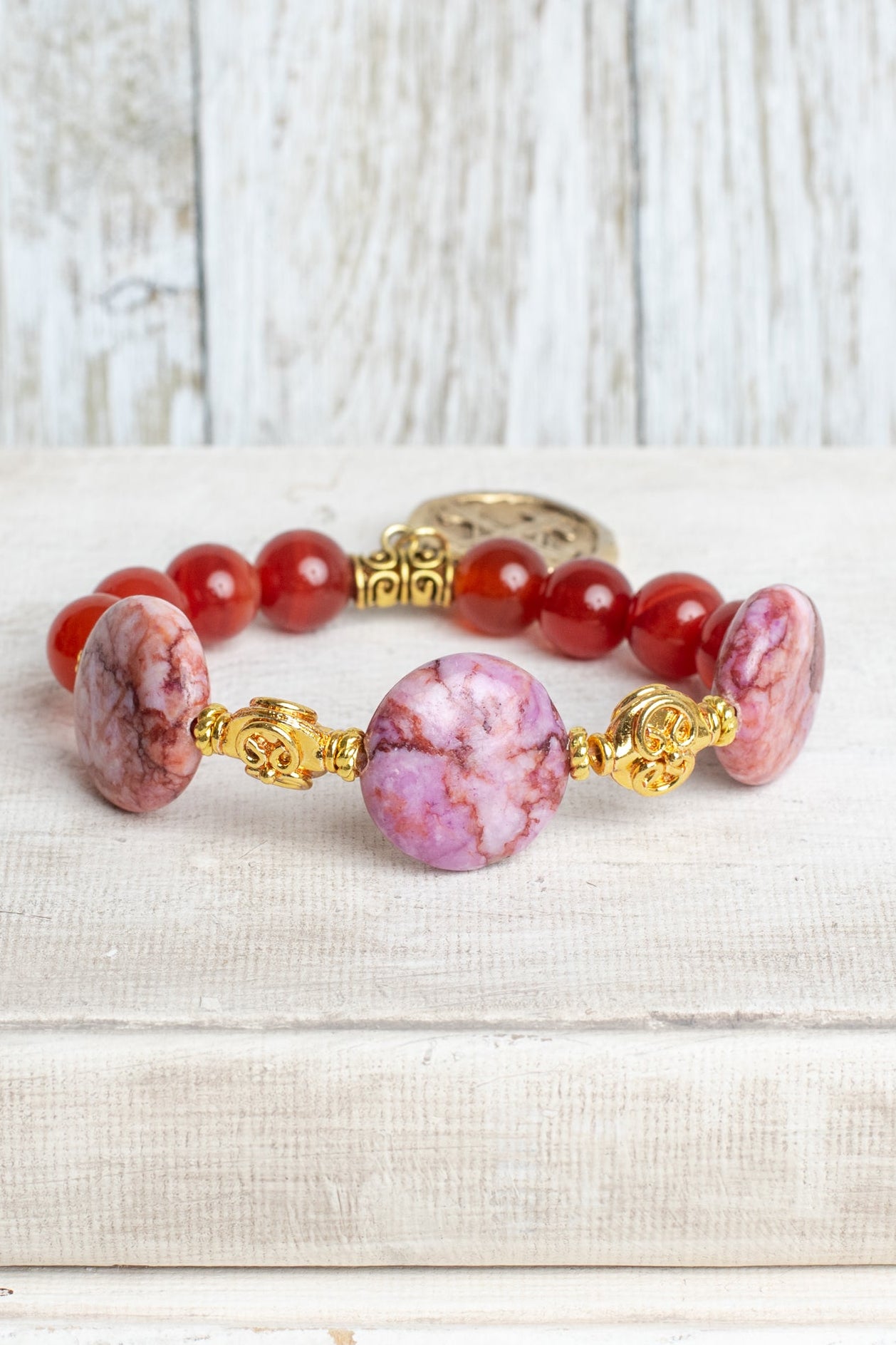 Pink Orange Jasper Focal Stones and Carnelian Stone and Stretch Bracelet with a Serenity Prayer Charm