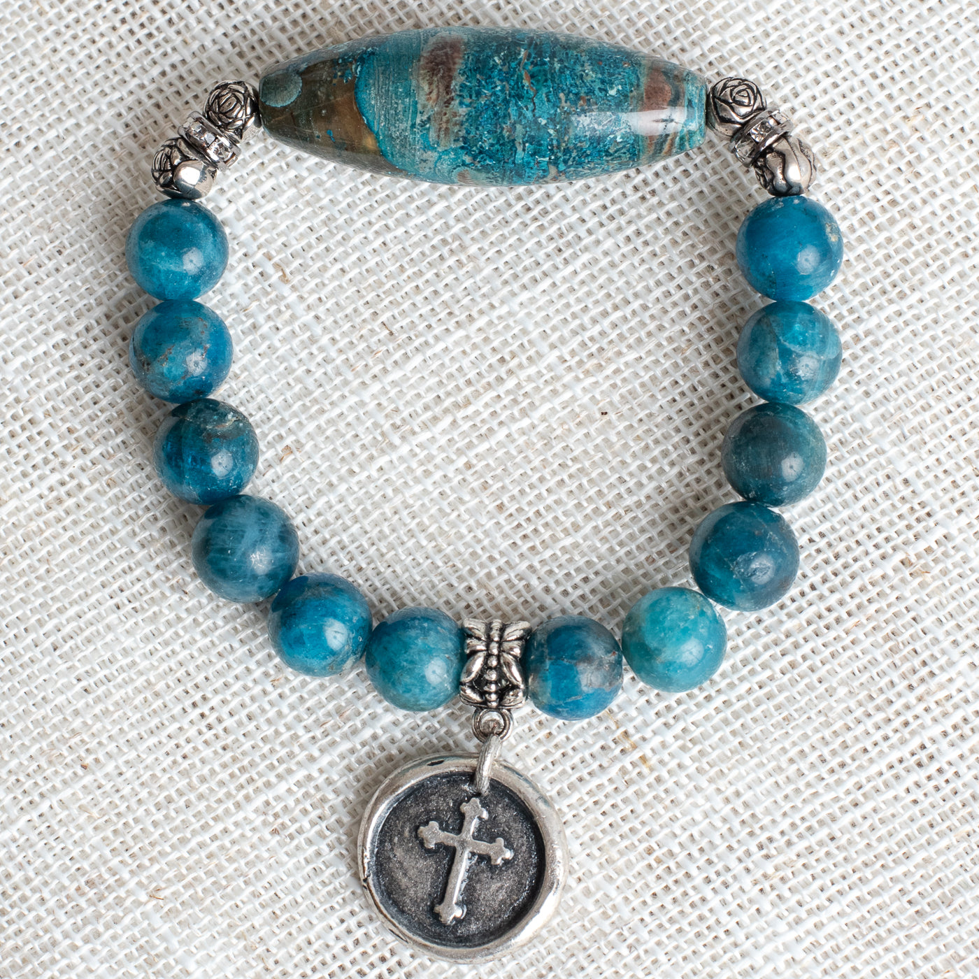 Bue Green Agate Stone Focal and Beaded Stretch Bracelet with Antique Silver Plated Cross Charm including "Truly Blessed"