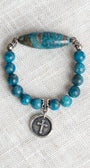 Bue Green Agate Stone Focal and Beaded Stretch Bracelet with Antique Silver Plated Cross Charm including "Truly Blessed"