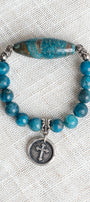 Bue Green Agate Stone Focal and Beaded Stretch Bracelet with Antique Silver Plated Cross Charm including "Truly Blessed"