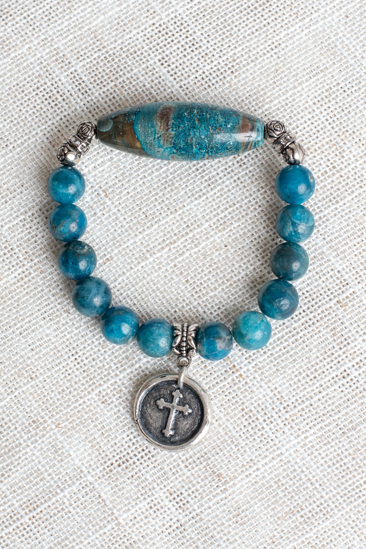 Bue Green Agate Stone Focal and Beaded Stretch Bracelet with Antique Silver Plated Cross Charm including "Truly Blessed"