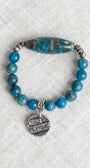 Bue Green Agate Stone Focal and Beaded Stretch Bracelet with Antique Silver Plated Cross Charm including "Truly Blessed"