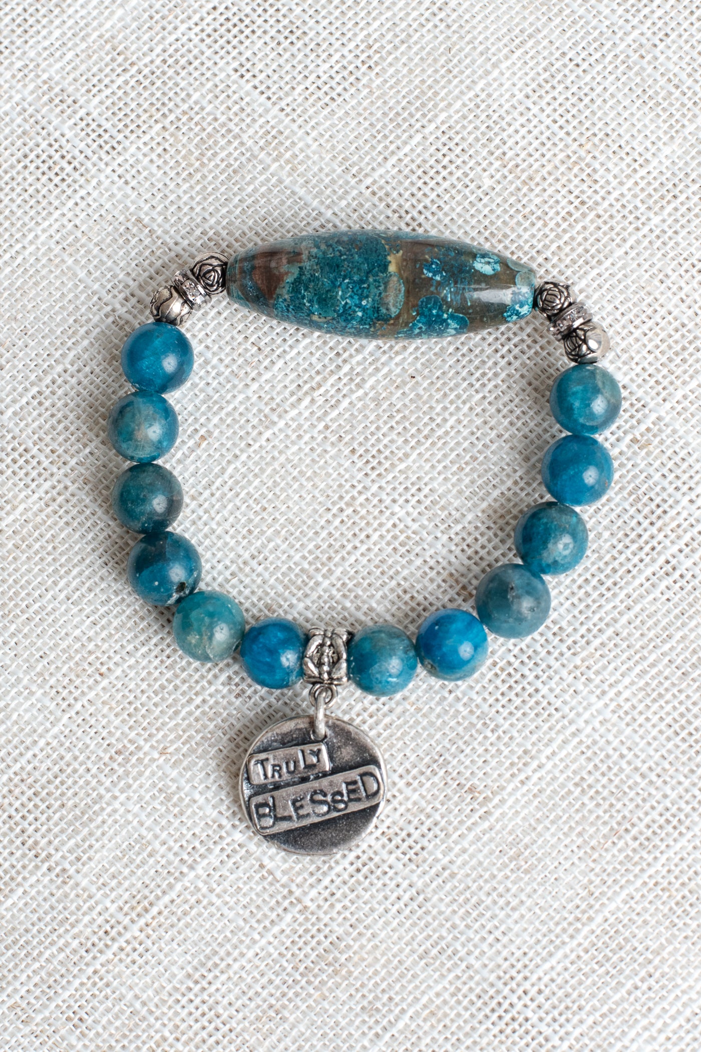 Bue Green Agate Stone Focal and Beaded Stretch Bracelet with Antique Silver Plated Cross Charm including "Truly Blessed"