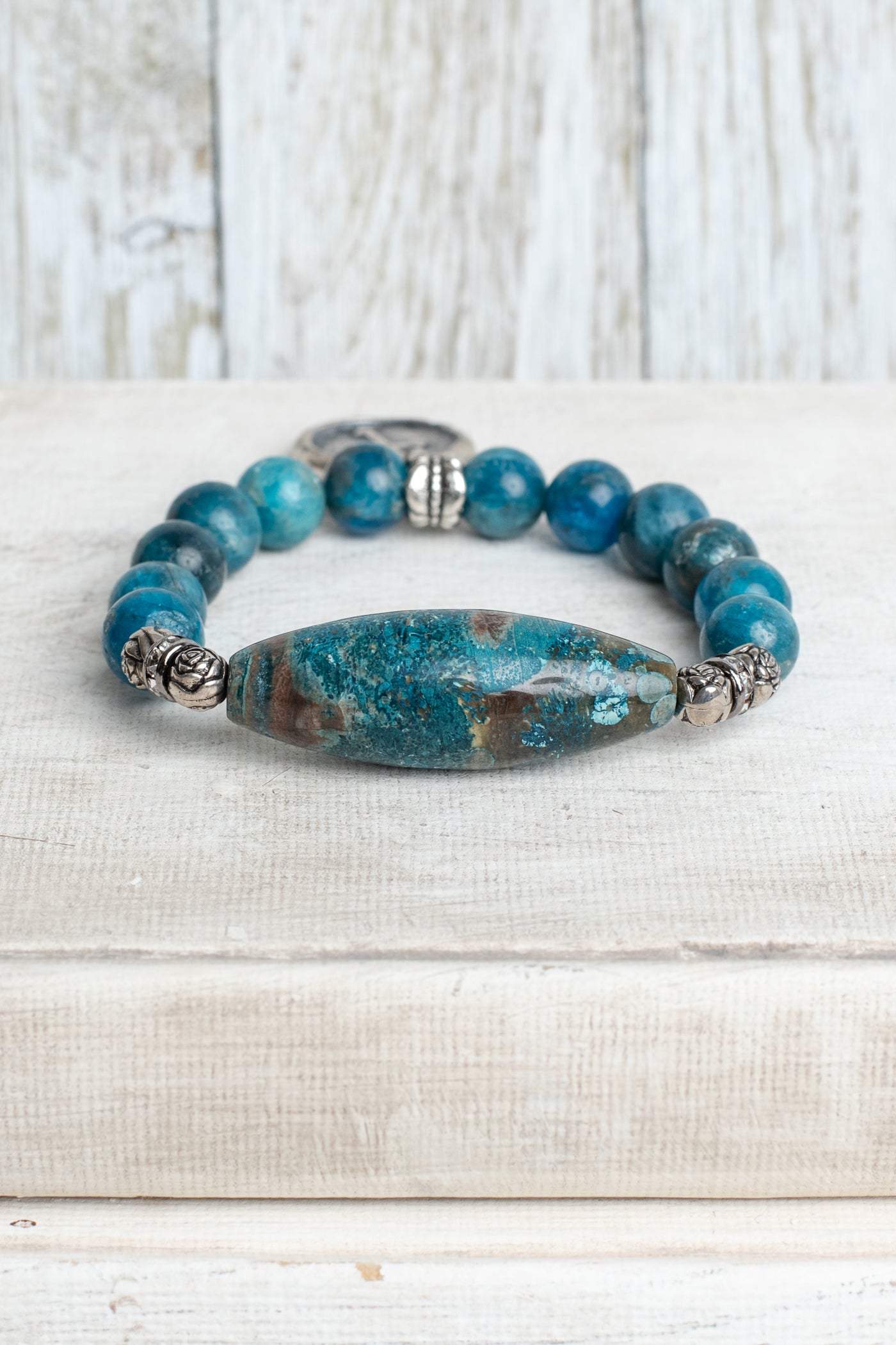 Bue Green Agate Stone Focal and Beaded Stretch Bracelet with Antique Silver Plated Cross Charm including "Truly Blessed"