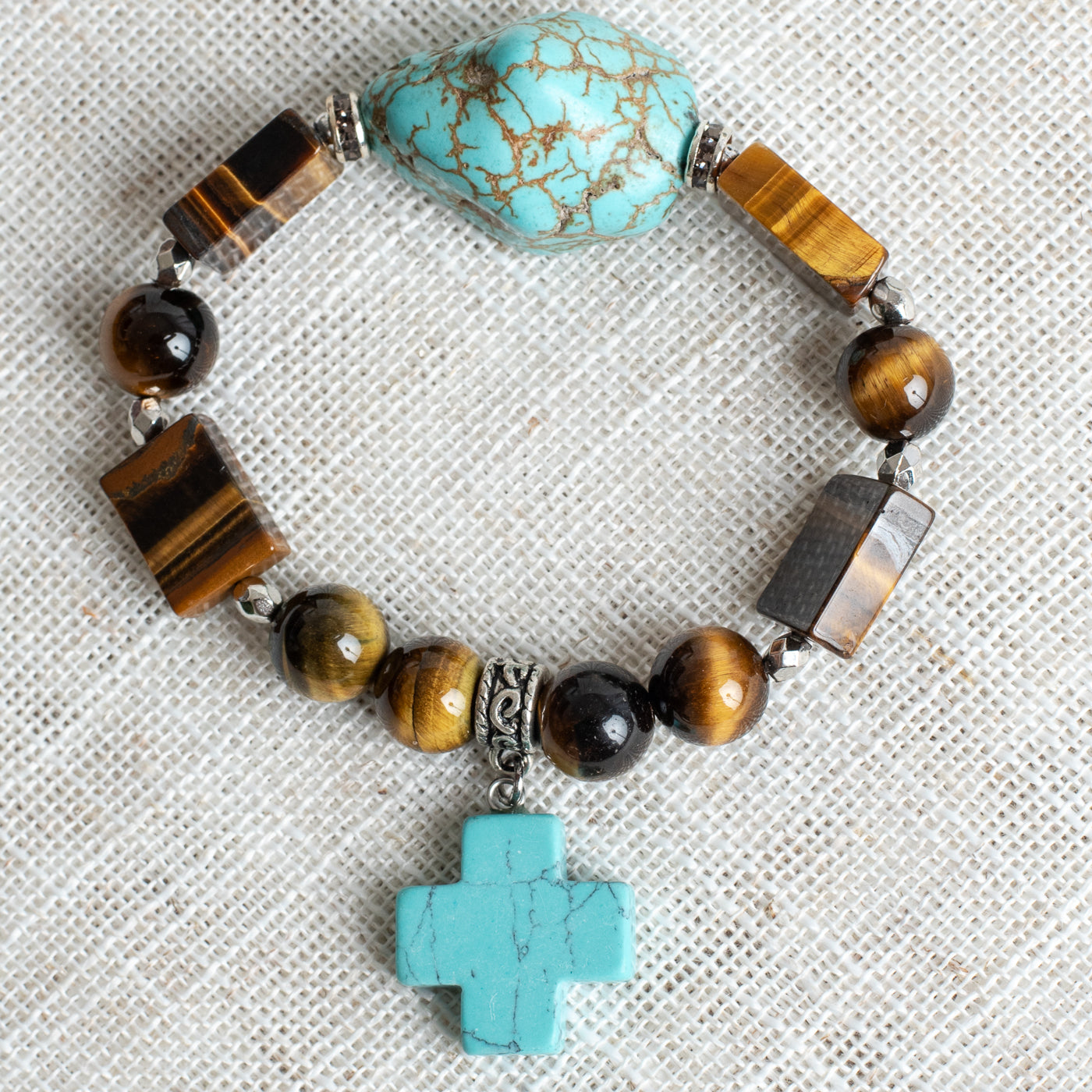 Brown Tiger's Eye and Turquiose Beaded Stretch Bracelet with Turquoise Cross Charm
