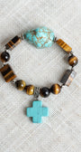 Brown Tiger's Eye and Turquiose Beaded Stretch Bracelet with Turquoise Cross Charm