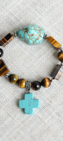 Brown Tiger's Eye and Turquiose Beaded Stretch Bracelet with Turquoise Cross Charm