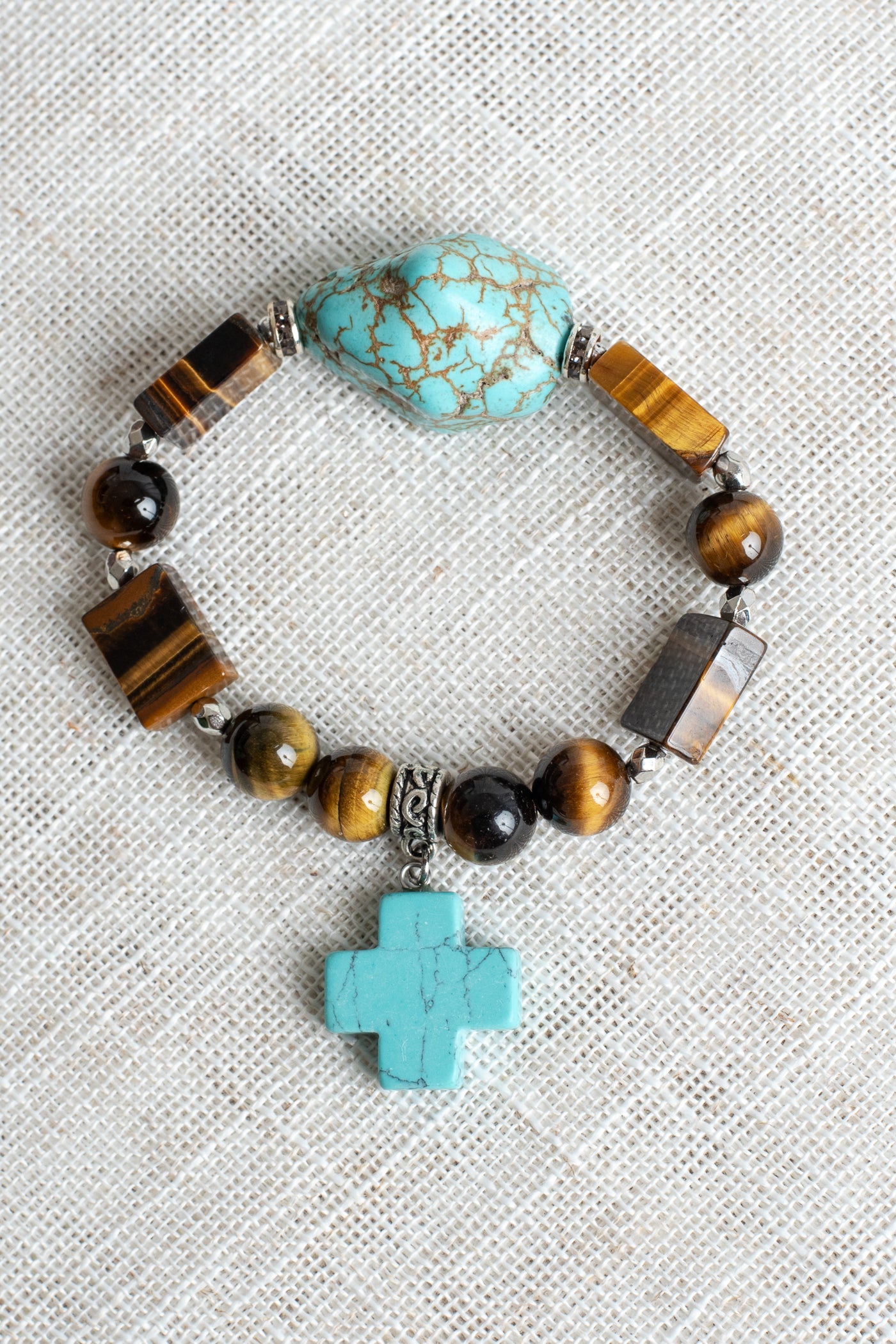 Brown Tiger's Eye and Turquiose Beaded Stretch Bracelet with Turquoise Cross Charm