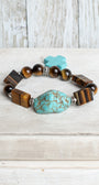Brown Tiger's Eye and Turquiose Beaded Stretch Bracelet with Turquoise Cross Charm