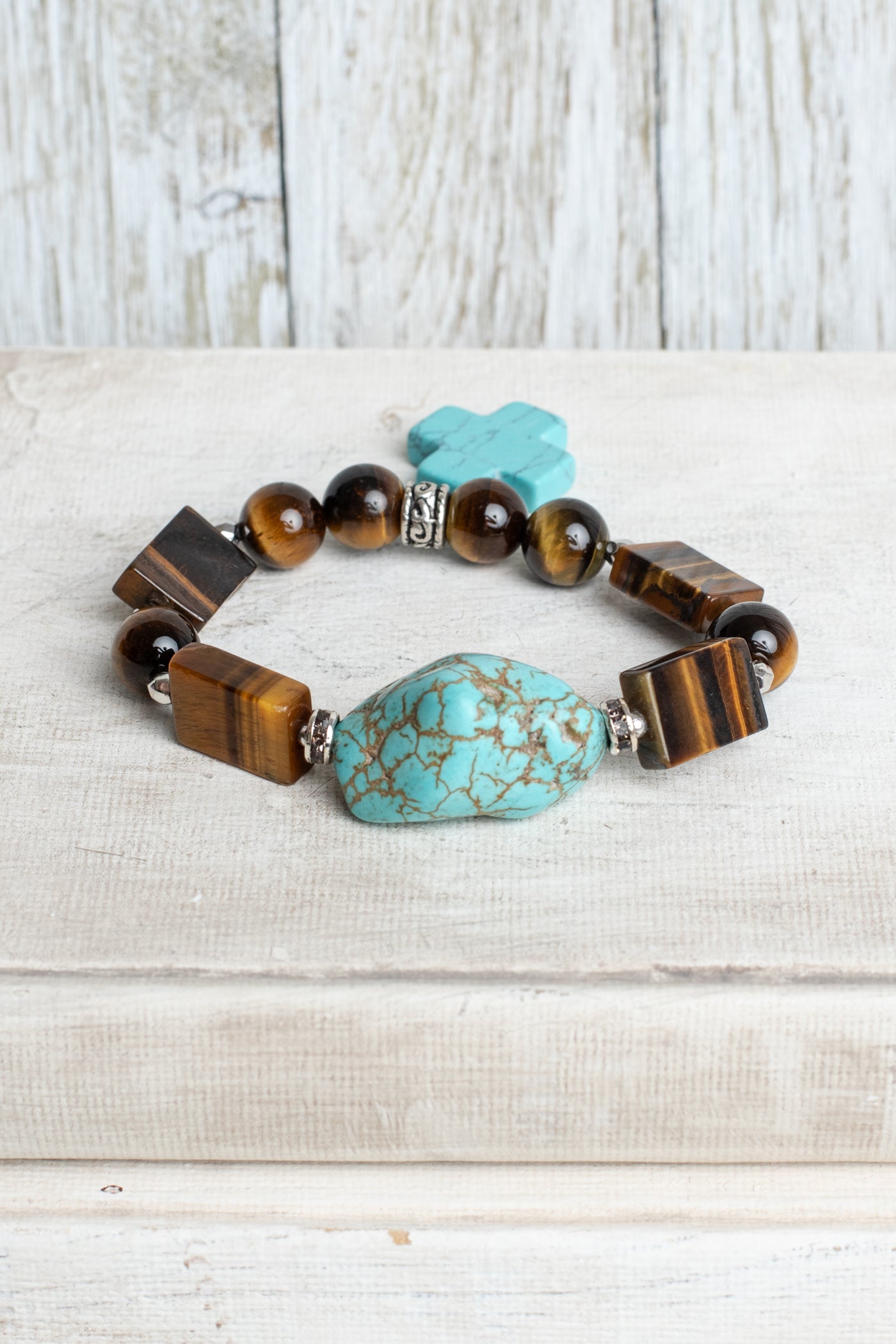 Brown Tiger's Eye and Turquiose Beaded Stretch Bracelet with Turquoise Cross Charm
