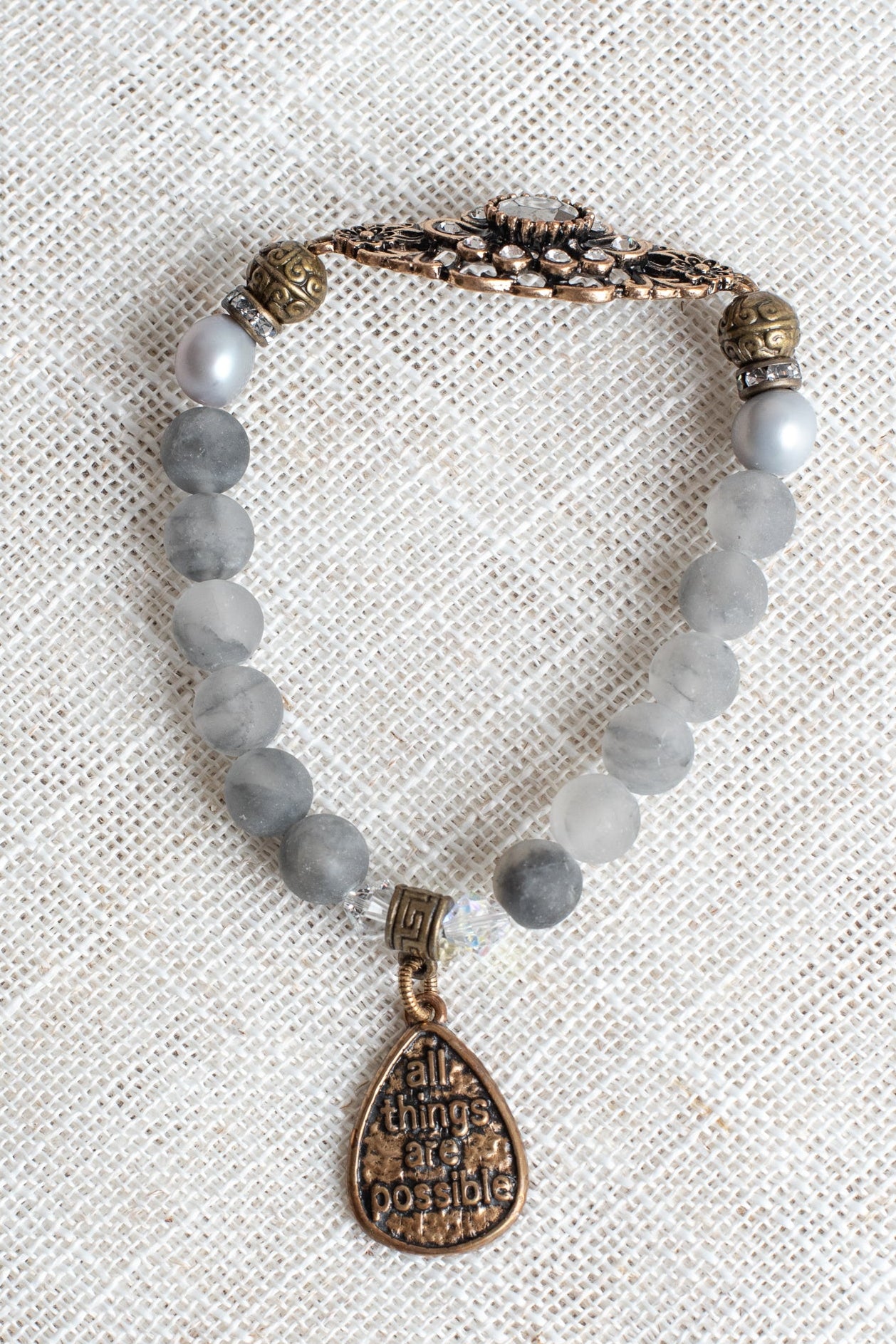 Vintage Style Victorian Metal Wrist Plate with Crystal Stones on a Beaded Quartz Stone Stretch Bracelet with "All Things Are Possible" Charm