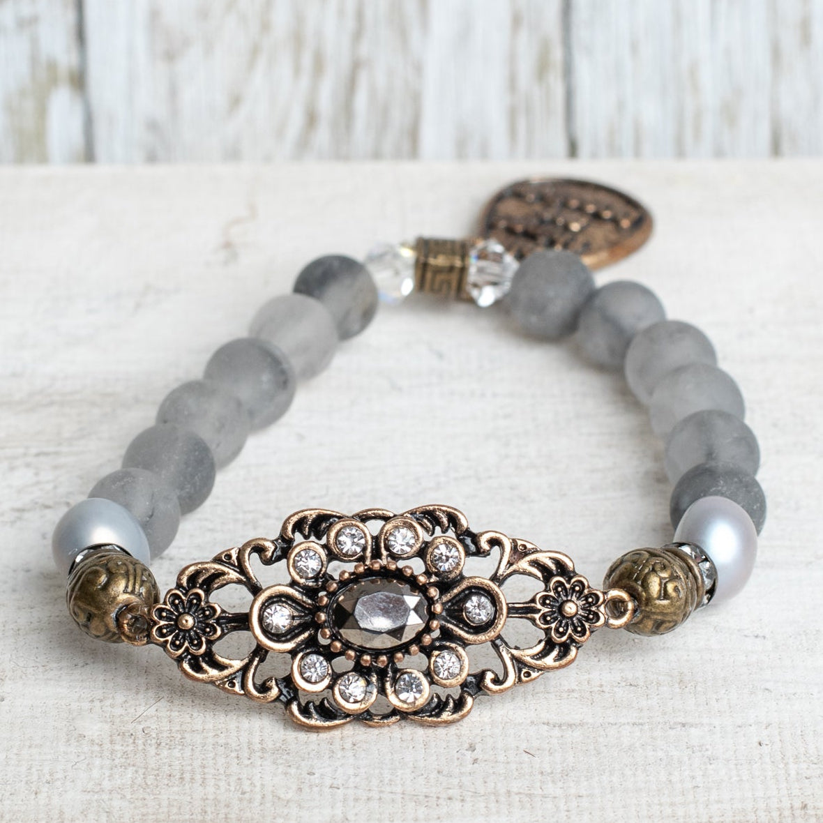 Vintage Style Victorian Metal Wrist Plate with Crystal Stones on a Beaded Quartz Stone Stretch Bracelet with "All Things Are Possible" Charm