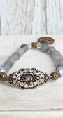 Vintage Style Victorian Metal Wrist Plate with Crystal Stones on a Beaded Quartz Stone Stretch Bracelet with "All Things Are Possible" Charm