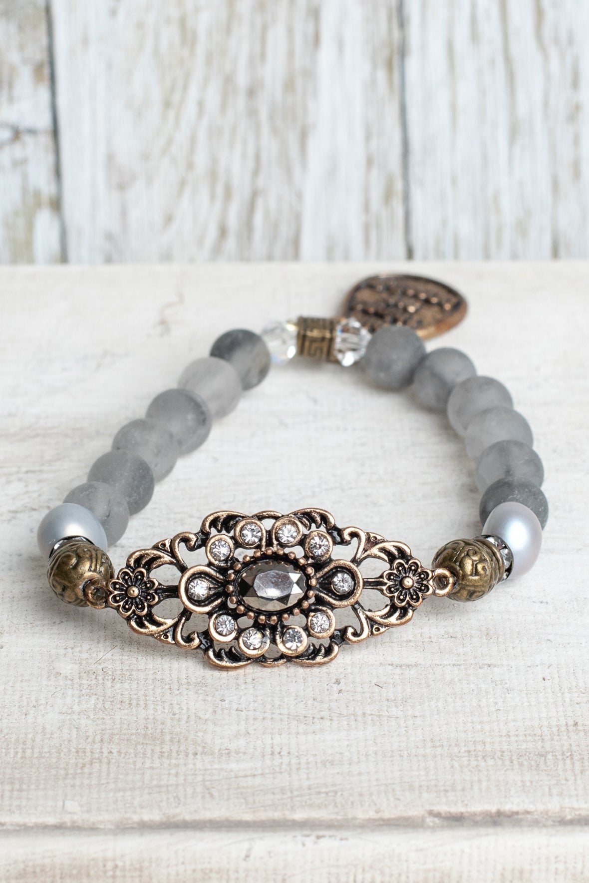 Vintage Style Victorian Metal Wrist Plate with Crystal Stones on a Beaded Quartz Stone Stretch Bracelet with "All Things Are Possible" Charm