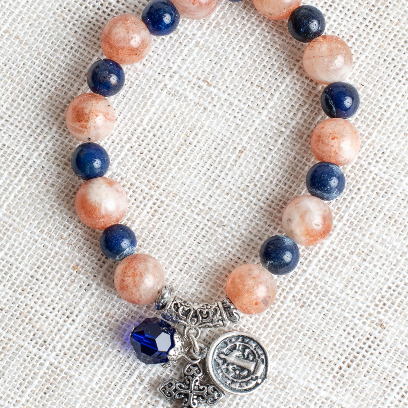 Rust Jasper and Blue Lapis Stone Stretch Bracelet with Silver filigree bail, cross charm and religious charm