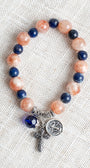 Rust Jasper and Blue Lapis Stone Stretch Bracelet with Silver filigree bail, cross charm and religious charm