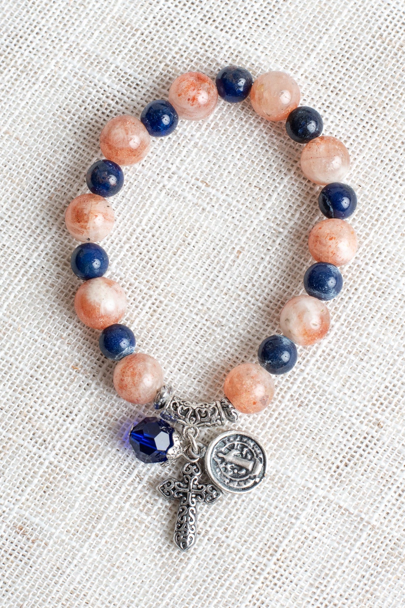 Rust Jasper and Blue Lapis Stone Stretch Bracelet with Silver filigree bail, cross charm and religious charm