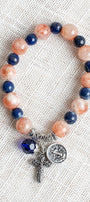 Rust Jasper and Blue Lapis Stone Stretch Bracelet with Silver filigree bail, cross charm and religious charm