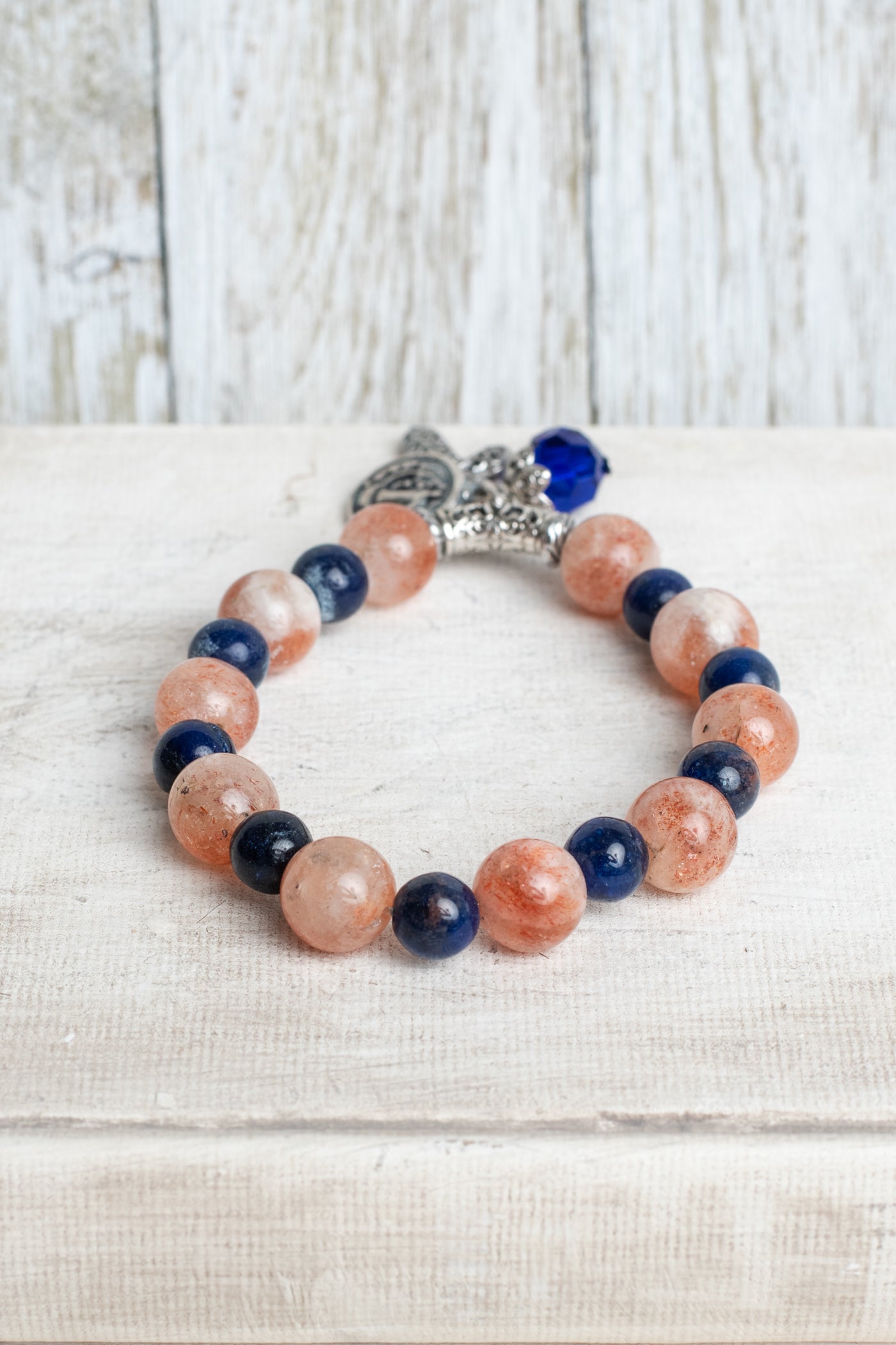 Rust Jasper and Blue Lapis Stone Stretch Bracelet with Silver filigree bail, cross charm and religious charm