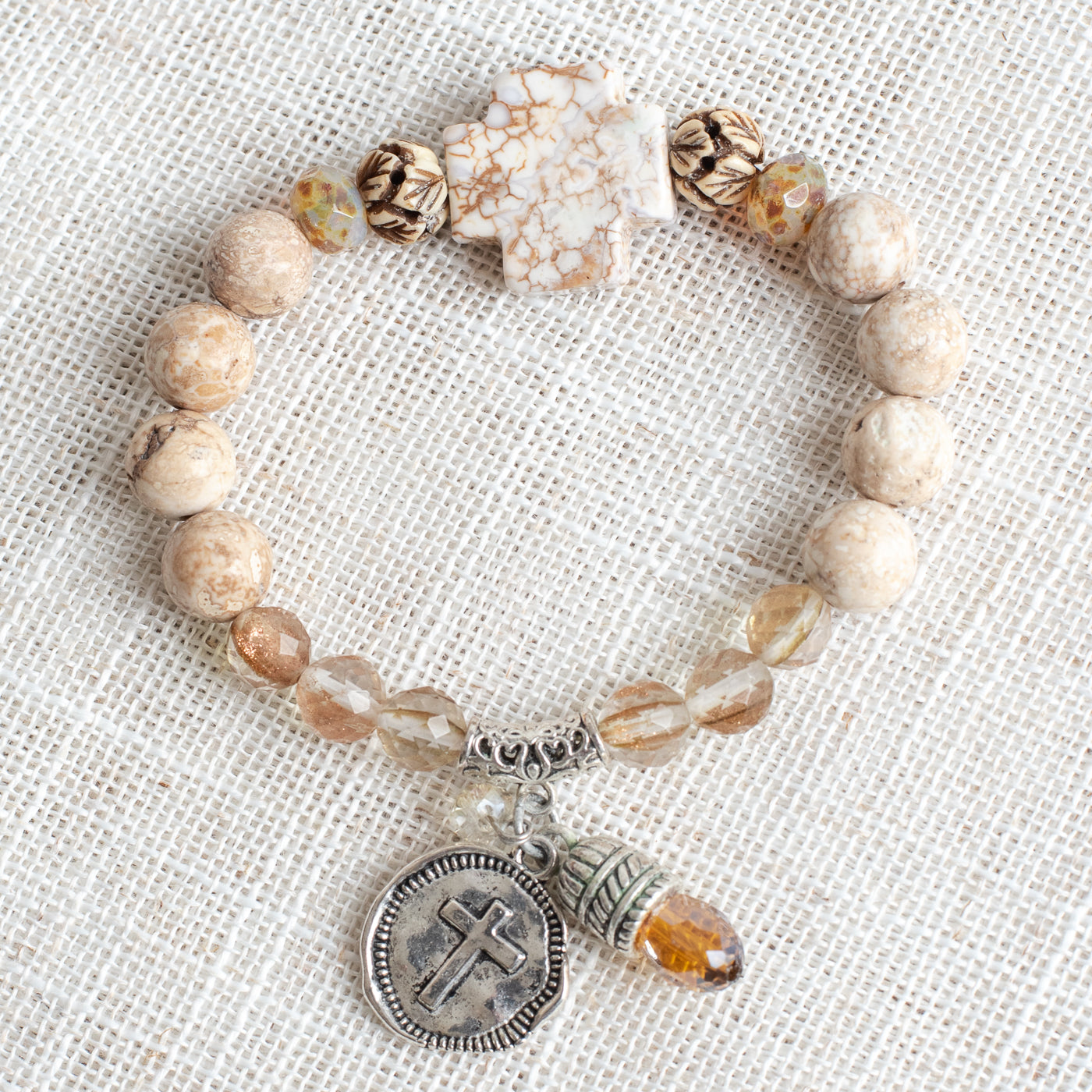 Howlite Stone Cross Bracelet with Silver Cross and Crystal Prism Charms