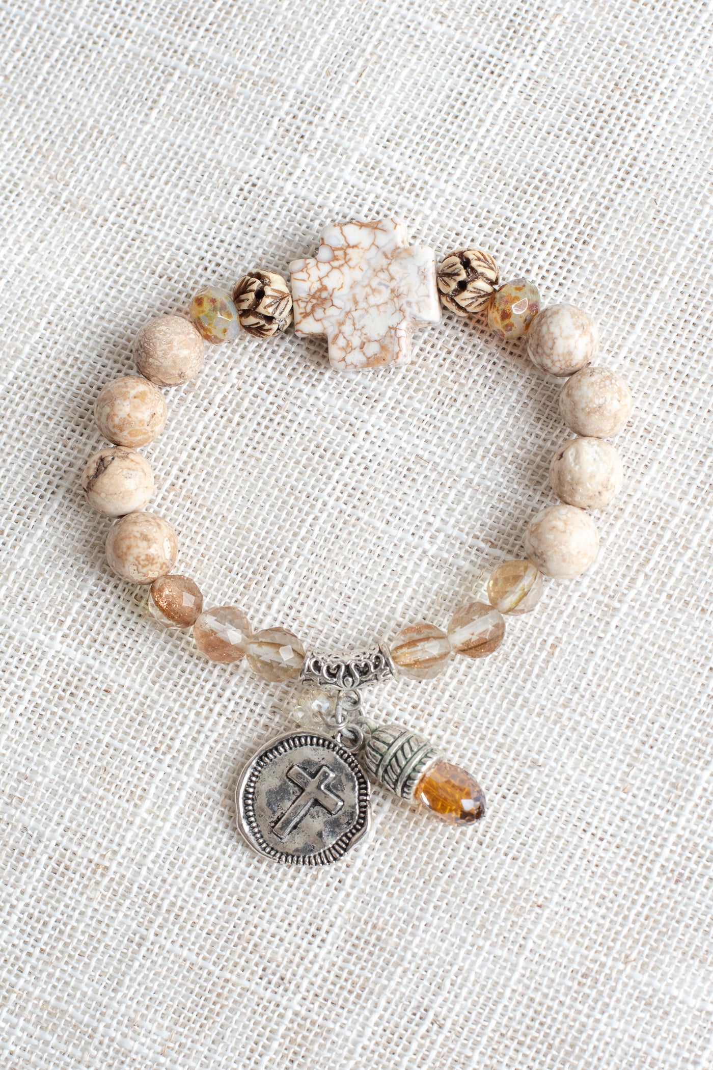 Howlite Stone Cross Bracelet with Silver Cross and Crystal Prism Charms