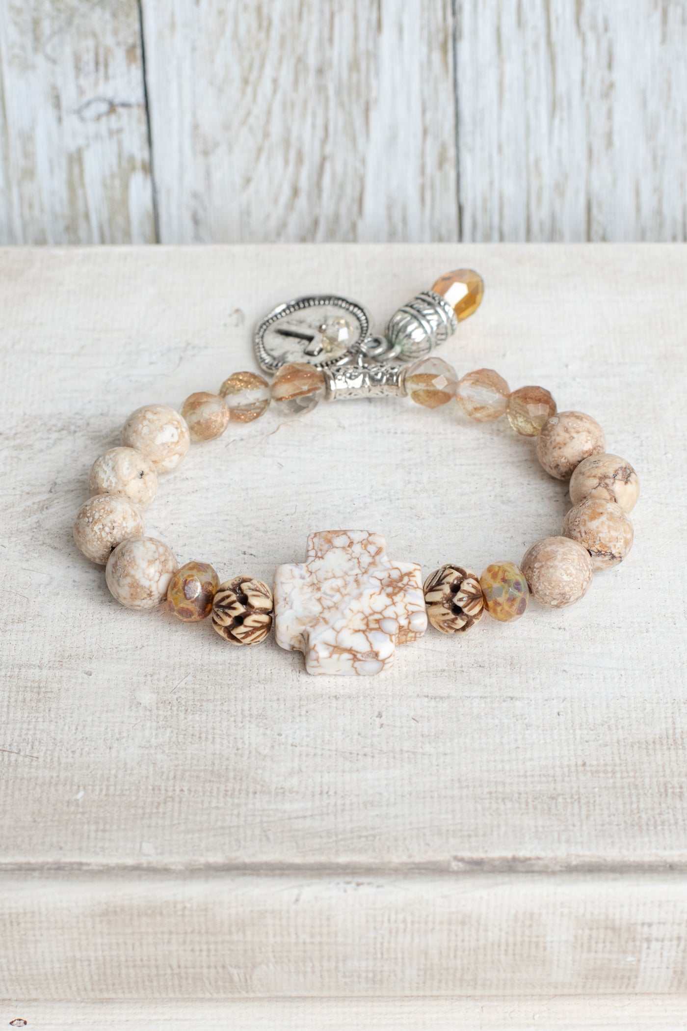 Howlite Stone Cross Bracelet with Silver Cross and Crystal Prism Charms