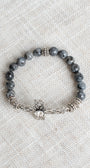Black Labradorite Beaded Stretch Bracelet with Silver Tone Filigree Focal Cross and Beads