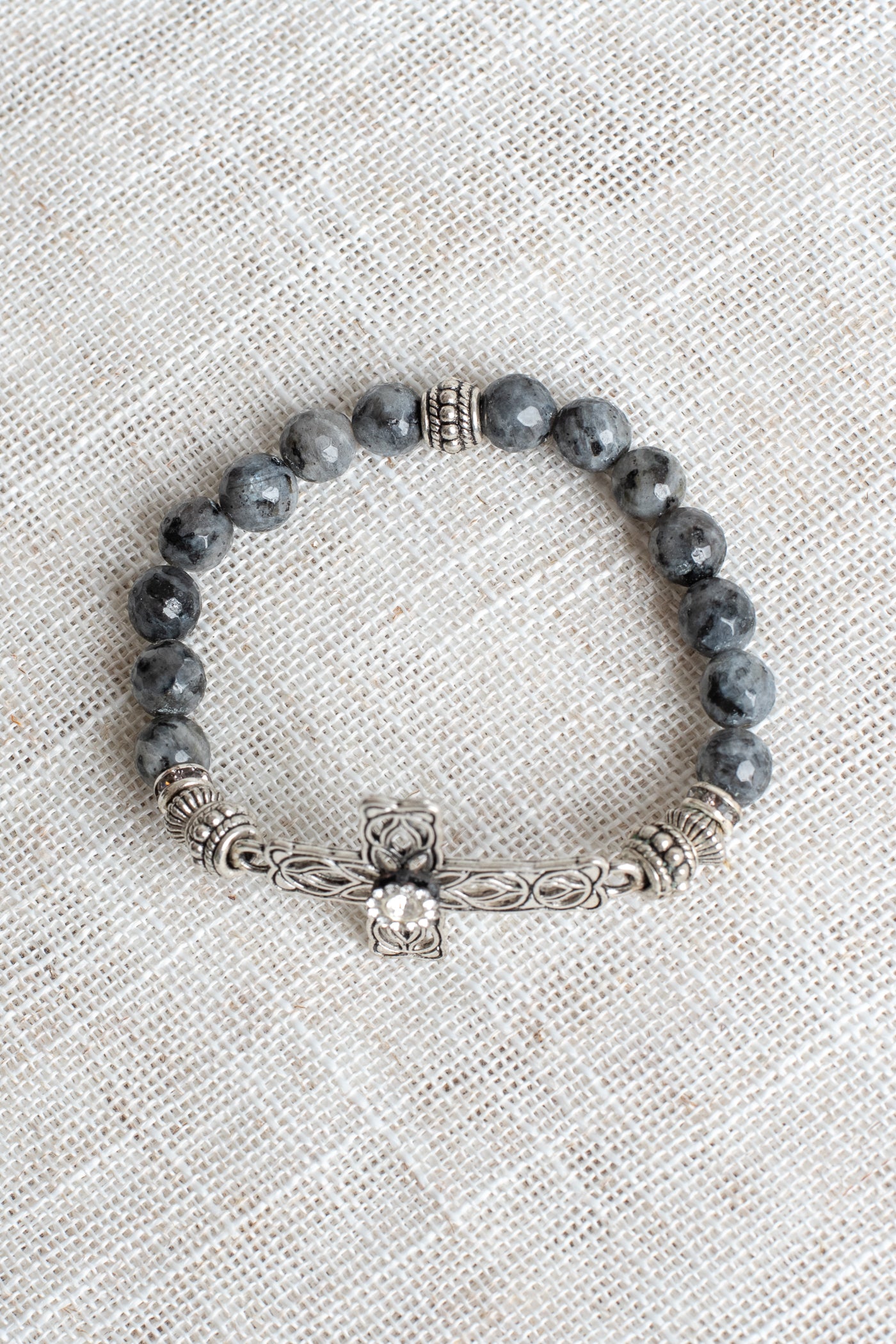 Black Labradorite Beaded Stretch Bracelet with Silver Tone Filigree Focal Cross and Beads