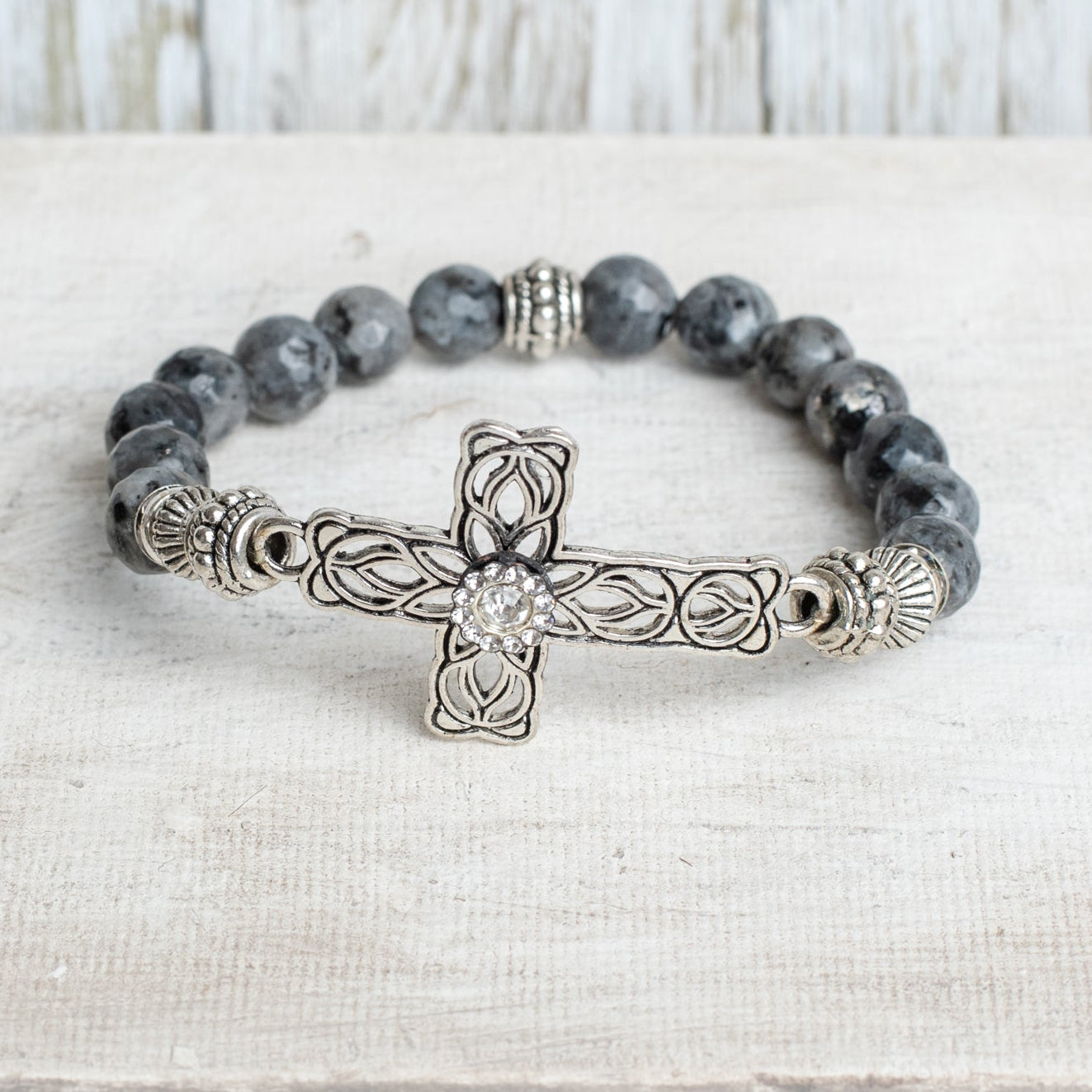 Black Labradorite Beaded Stretch Bracelet with Silver Tone Filigree Focal Cross and Beads