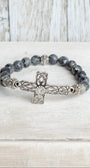 Black Labradorite Beaded Stretch Bracelet with Silver Tone Filigree Focal Cross and Beads