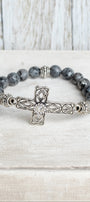 Black Labradorite Beaded Stretch Bracelet with Silver Tone Filigree Focal Cross and Beads