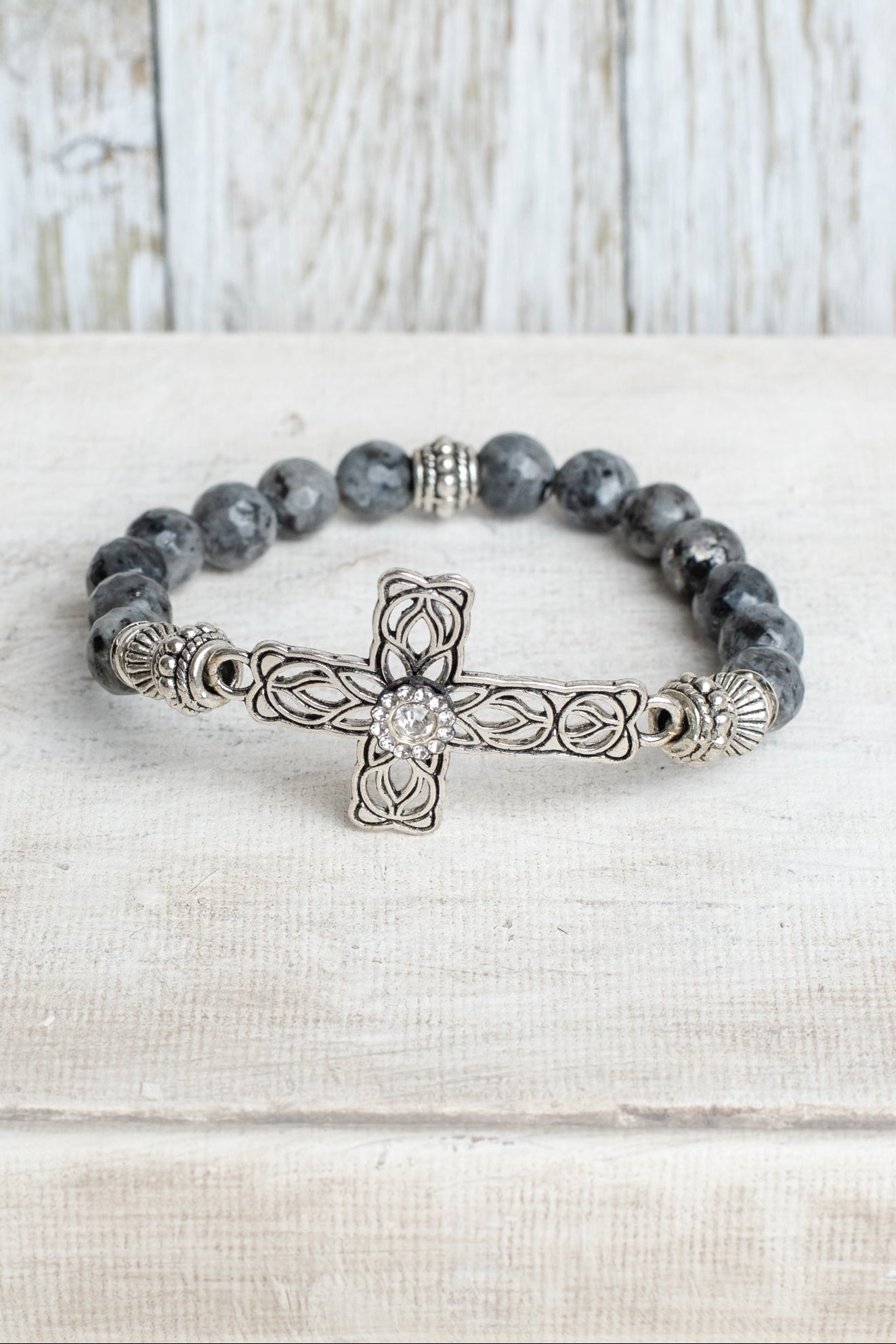Black Labradorite Beaded Stretch Bracelet with Silver Tone Filigree Focal Cross and Beads