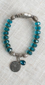 Silver Italian Style Focal Bead and Cross Charm on Turquoise Czech Crystal Rondelle Stretch Bracelet