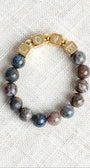 Multi Earth Tone Agate Beaded Stretch Bracelet with Cubed Gold Plated Pave Letter Beads spelling LOVE