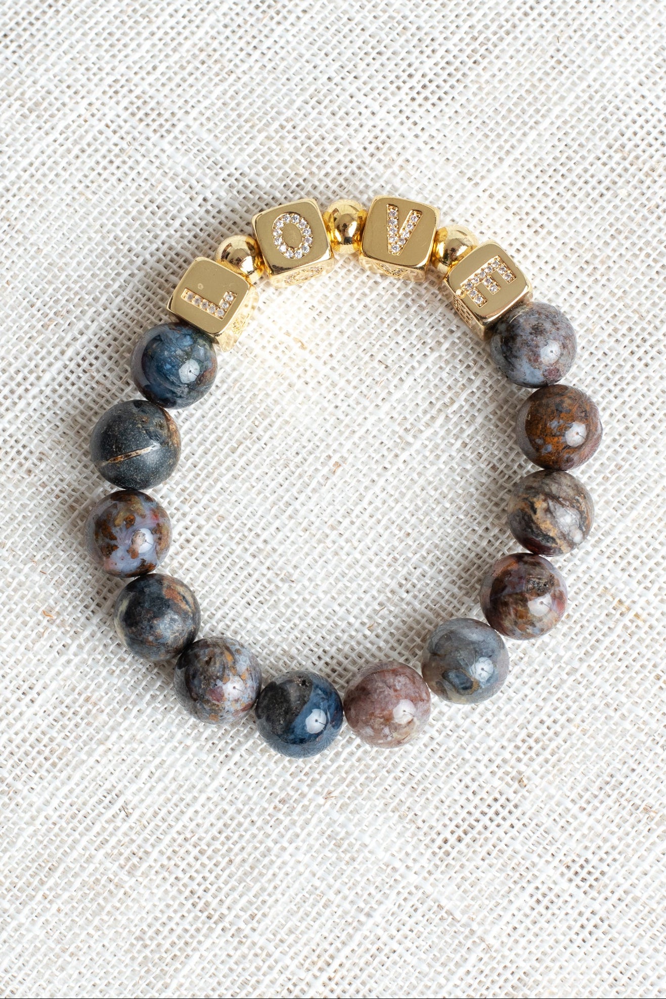 Multi Earth Tone Agate Beaded Stretch Bracelet with Cubed Gold Plated Pave Letter Beads spelling LOVE