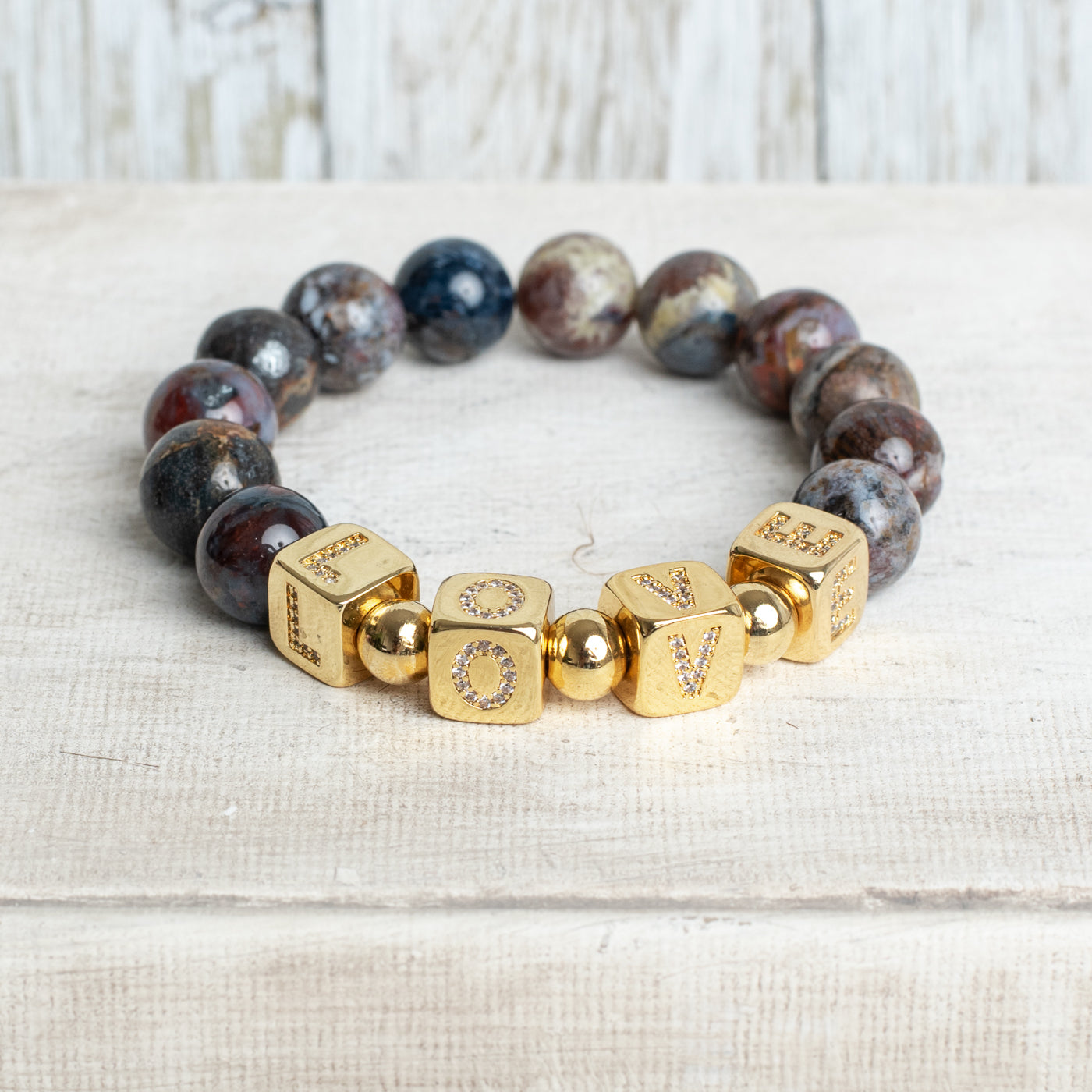 Multi Earth Tone Agate Beaded Stretch Bracelet with Cubed Gold Plated Pave Letter Beads spelling LOVE