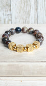 Multi Earth Tone Agate Beaded Stretch Bracelet with Cubed Gold Plated Pave Letter Beads spelling LOVE