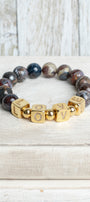Multi Earth Tone Agate Beaded Stretch Bracelet with Cubed Gold Plated Pave Letter Beads spelling LOVE