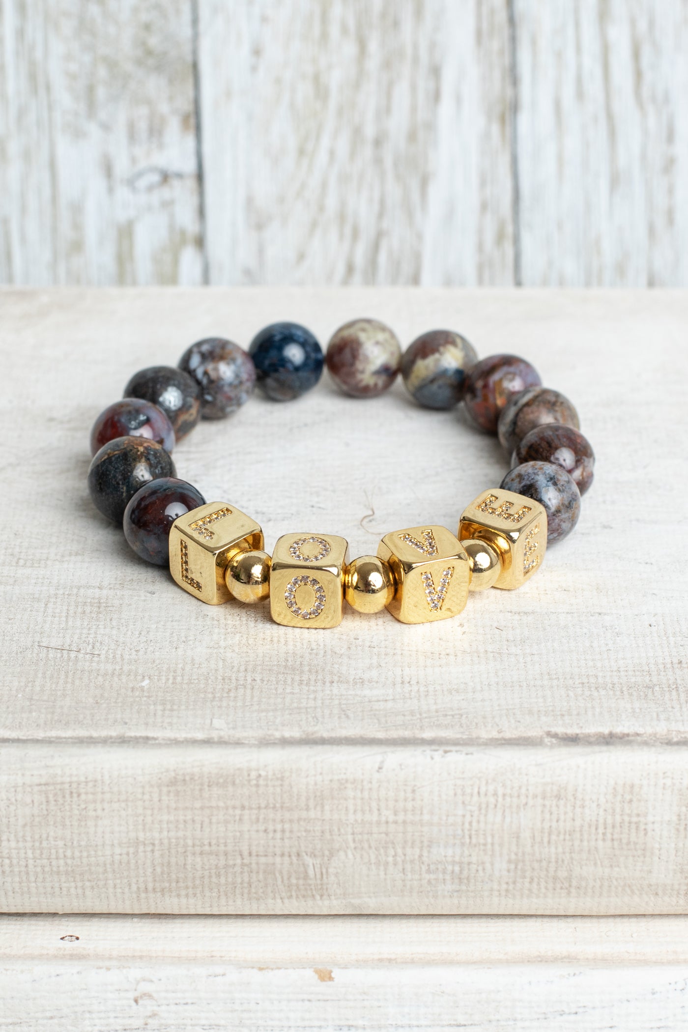 Multi Earth Tone Agate Beaded Stretch Bracelet with Cubed Gold Plated Pave Letter Beads spelling LOVE