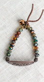 Bronze Oval with FAITH Cut Out on Multi Color Czech Fire Polished Beaded Stretch Bracelet and Leather Tie (Copy)