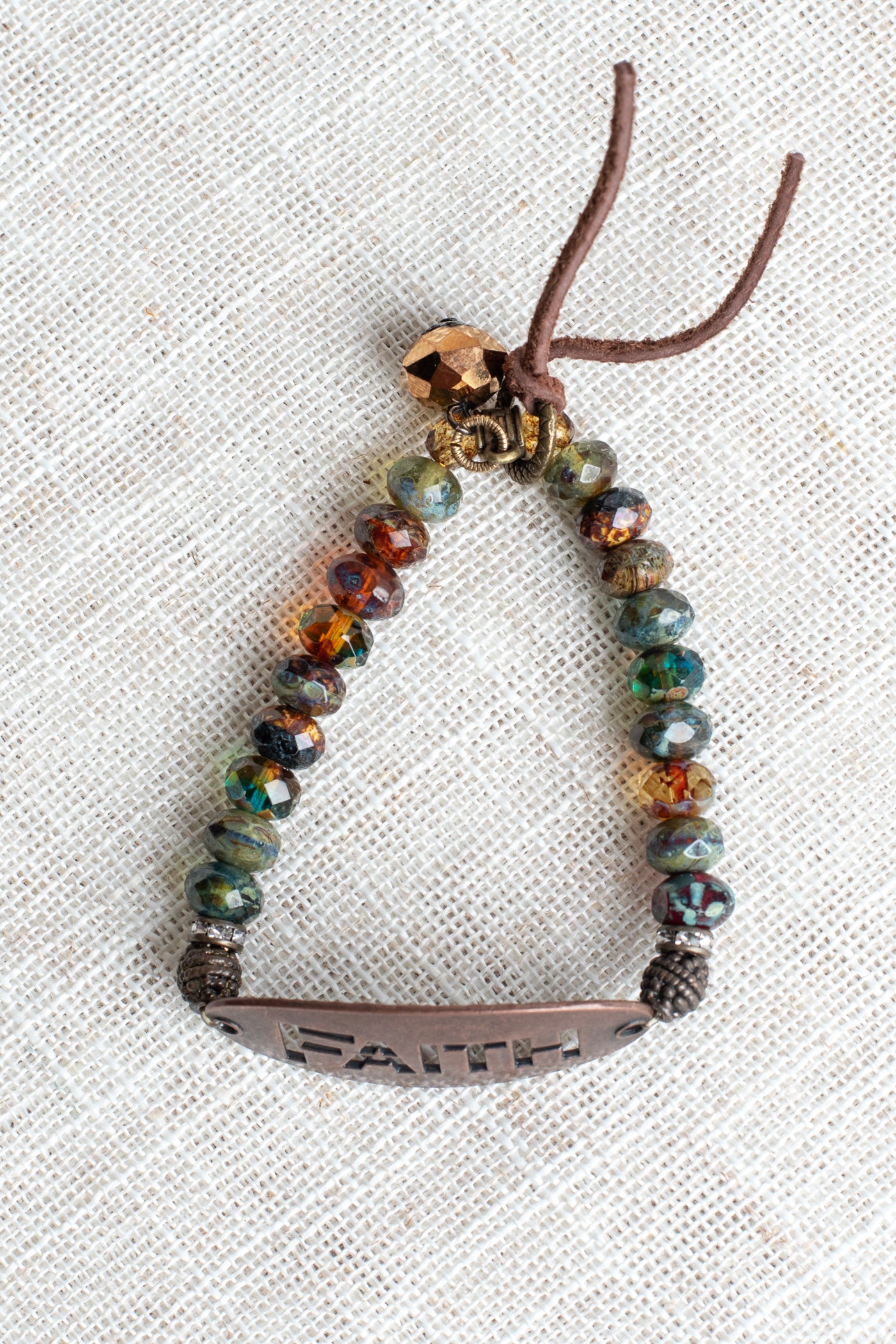 Bronze Oval with FAITH Cut Out on Multi Color Czech Fire Polished Beaded Stretch Bracelet and Leather Tie (Copy)