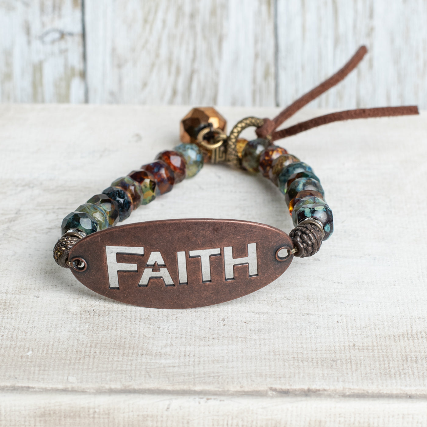 Bronze Oval with FAITH Cut Out on Multi Color Czech Fire Polished Beaded Stretch Bracelet and Leather Tie (Copy)
