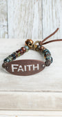 Bronze Oval with FAITH Cut Out on Multi Color Czech Fire Polished Beaded Stretch Bracelet and Leather Tie (Copy)