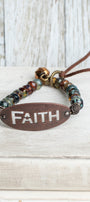 Bronze Oval with FAITH Cut Out on Multi Color Czech Fire Polished Beaded Stretch Bracelet and Leather Tie (Copy)