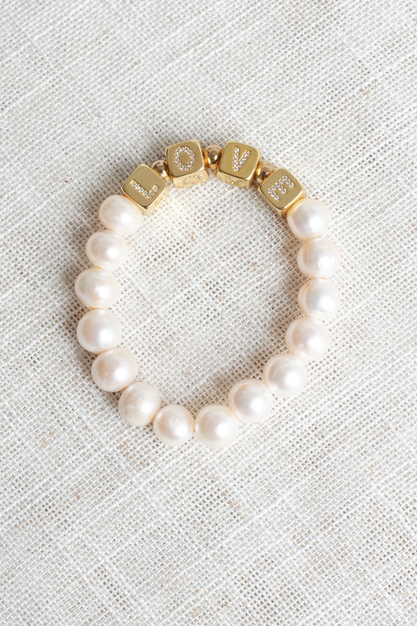White Freshwater Pearl Beaded Bracelet with Gold Plated Cube Crystal Letters Spelling LOVE