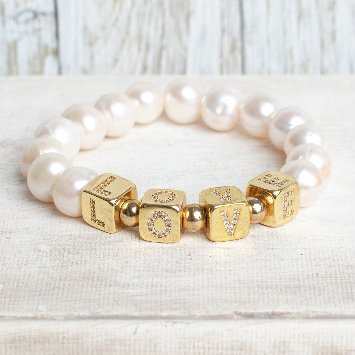 White Freshwater Pearl Beaded Bracelet with Gold Plated Cube Crystal Letters Spelling LOVE