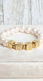 White Freshwater Pearl Beaded Bracelet with Gold Plated Cube Crystal Letters Spelling LOVE