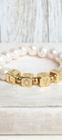 White Freshwater Pearl Beaded Bracelet with Gold Plated Cube Crystal Letters Spelling LOVE